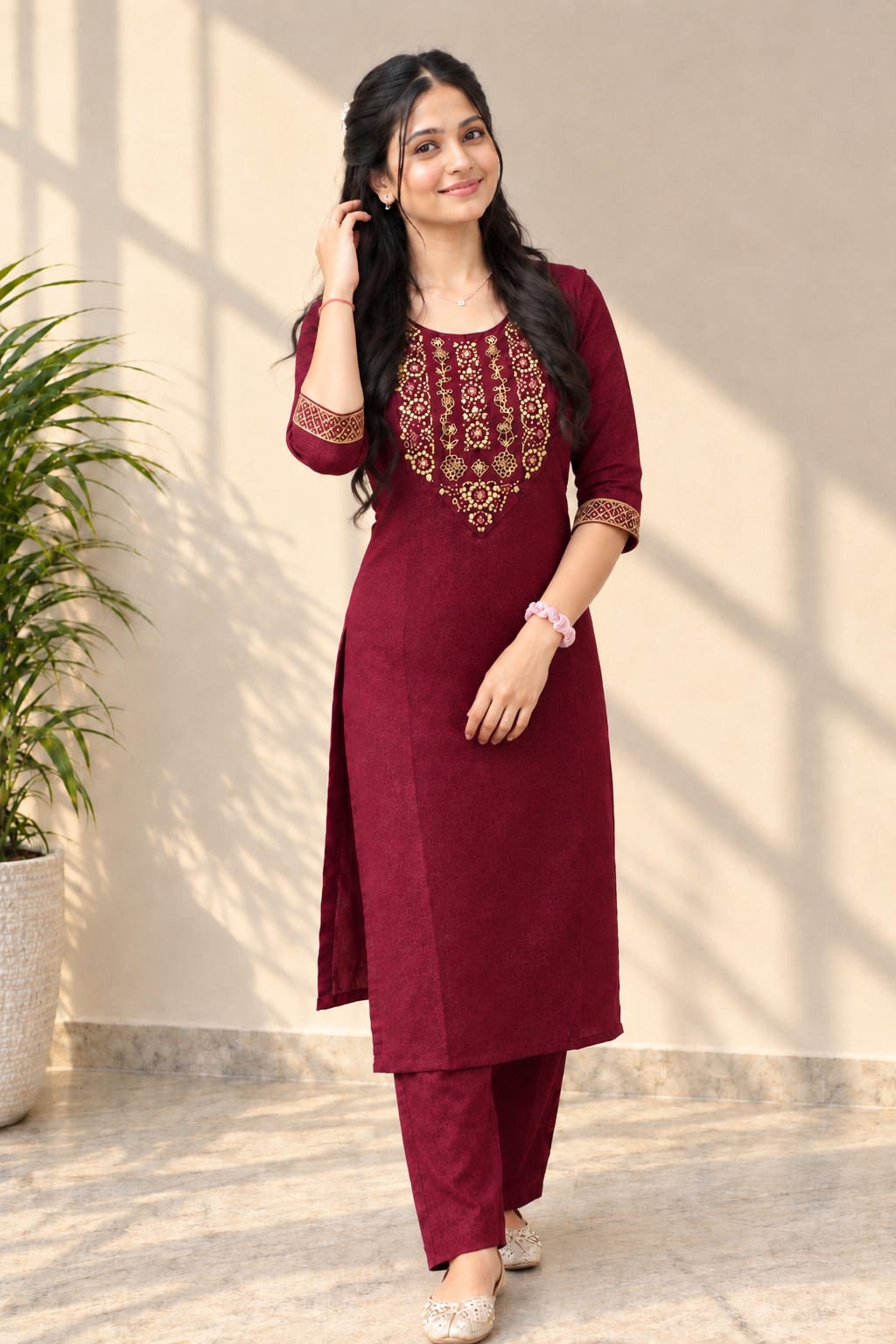 Women’s Ethnic Embroidered Kurta Pant Set | Elegant Printed Kurti Set with Traditional Neck & Sleeve Work
