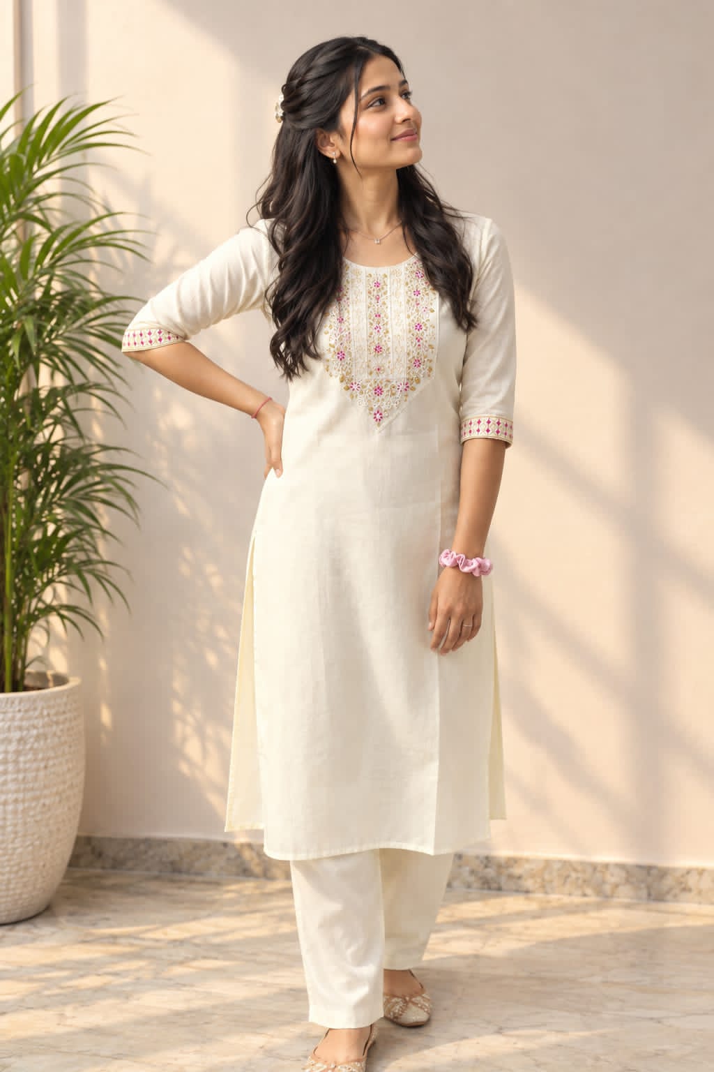 Women’s Ethnic Embroidered Kurta Pant Set | Elegant Printed Kurti Set with Traditional Neck & Sleeve Work