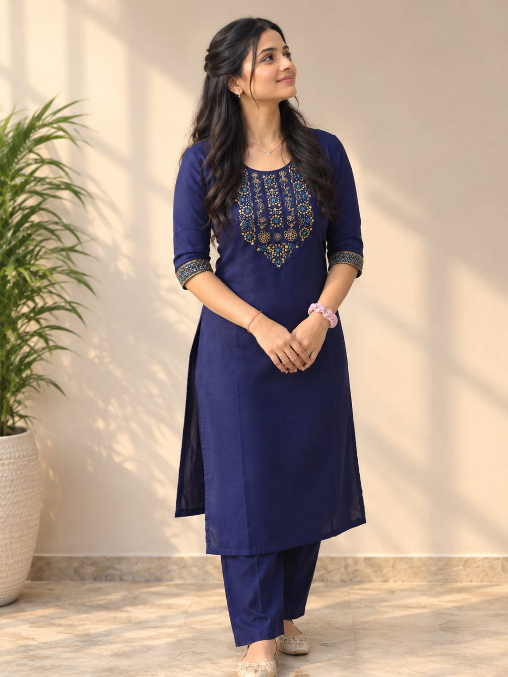 Women’s Ethnic Embroidered Kurta Pant Set | Elegant Printed Kurti Set with Traditional Neck & Sleeve Work