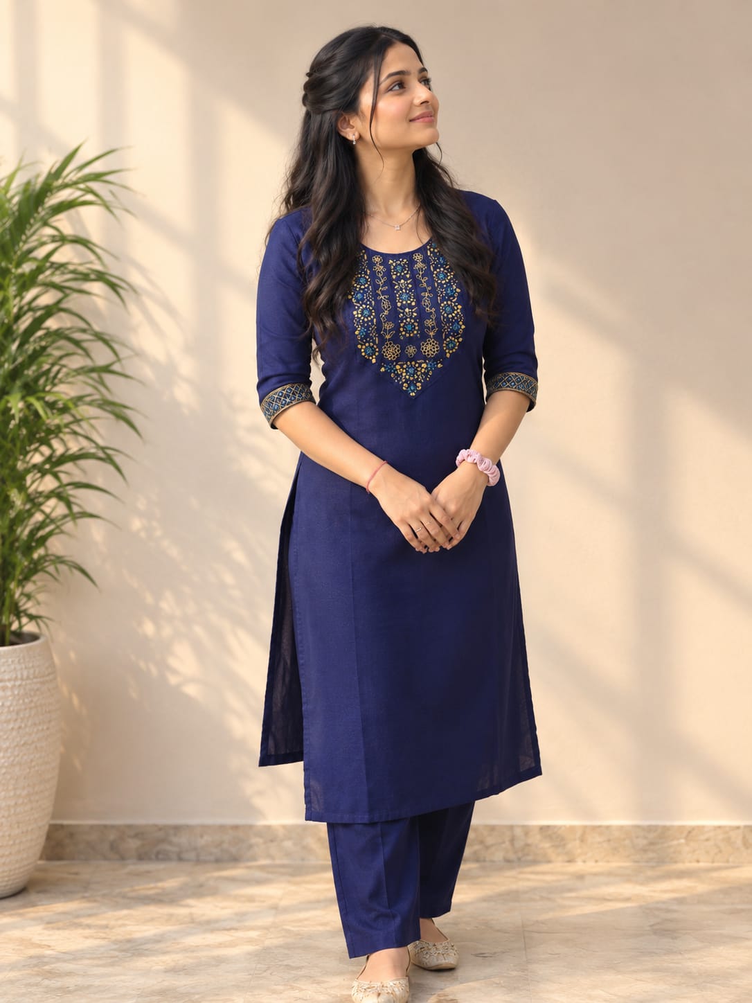 Women’s Ethnic Embroidered Kurta Pant Set | Elegant Printed Kurti Set with Traditional Neck & Sleeve Work