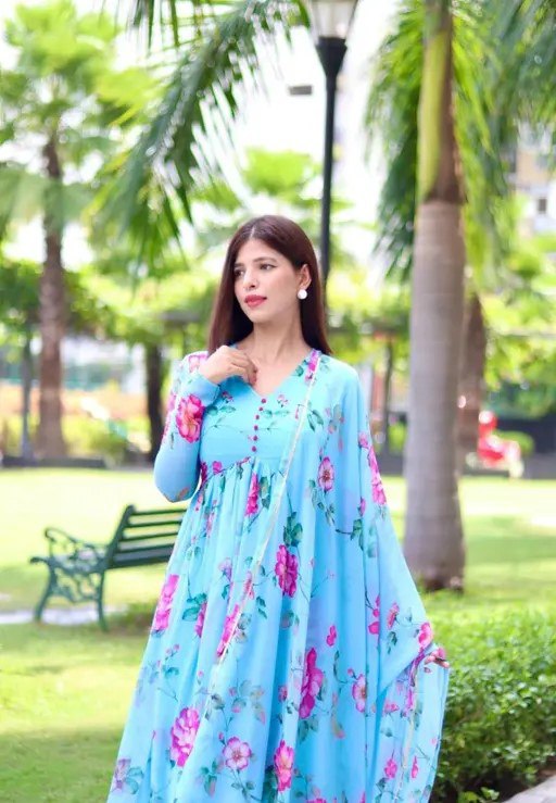 Women’s Floral Printed Gown with Dupatta | Elegant Long Anarkali Dress for Festive & Party Wear