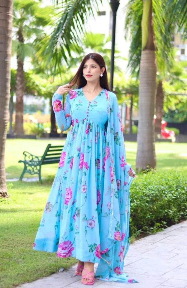 Women’s Floral Printed Gown with Dupatta | Elegant Long Anarkali Dress for Festive & Party Wear