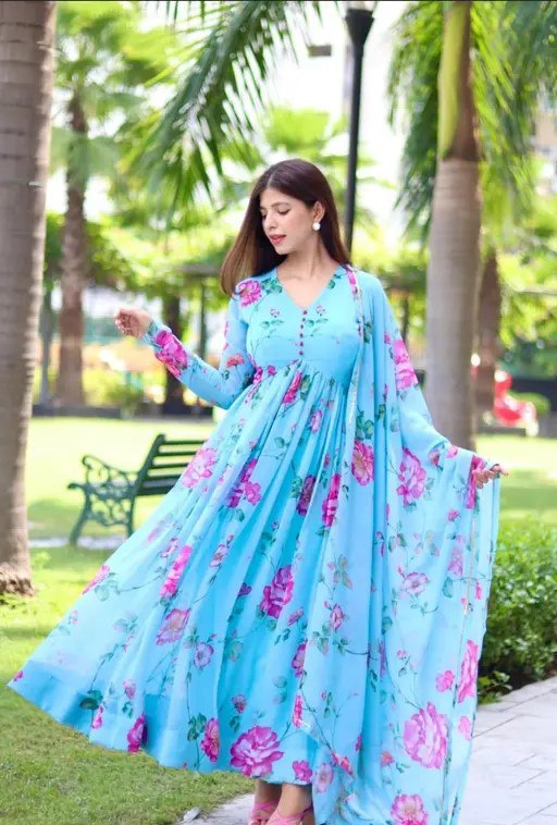 Women’s Floral Printed Gown with Dupatta | Elegant Long Anarkali Dress for Festive & Party Wear