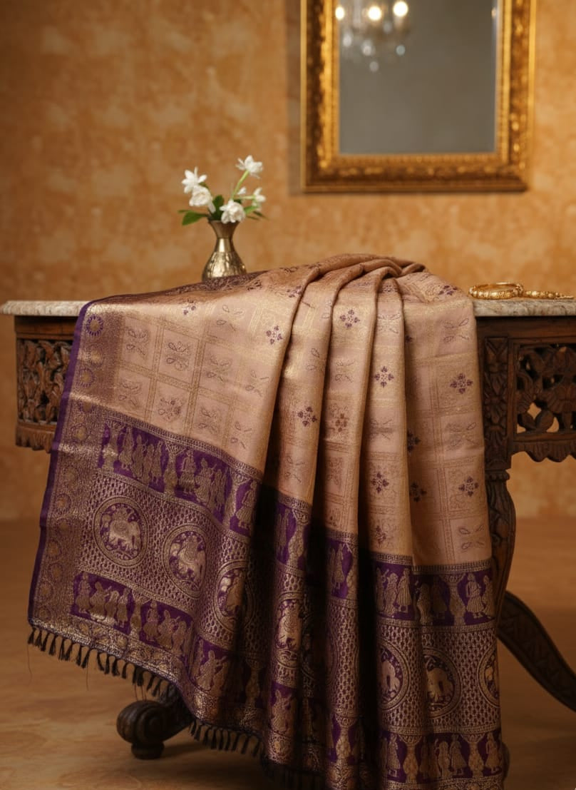 Women’s Traditional Banarasi Silk Saree | Maroon & Golden Zari Woven Saree with Traditional Peacock & Figurine Border
