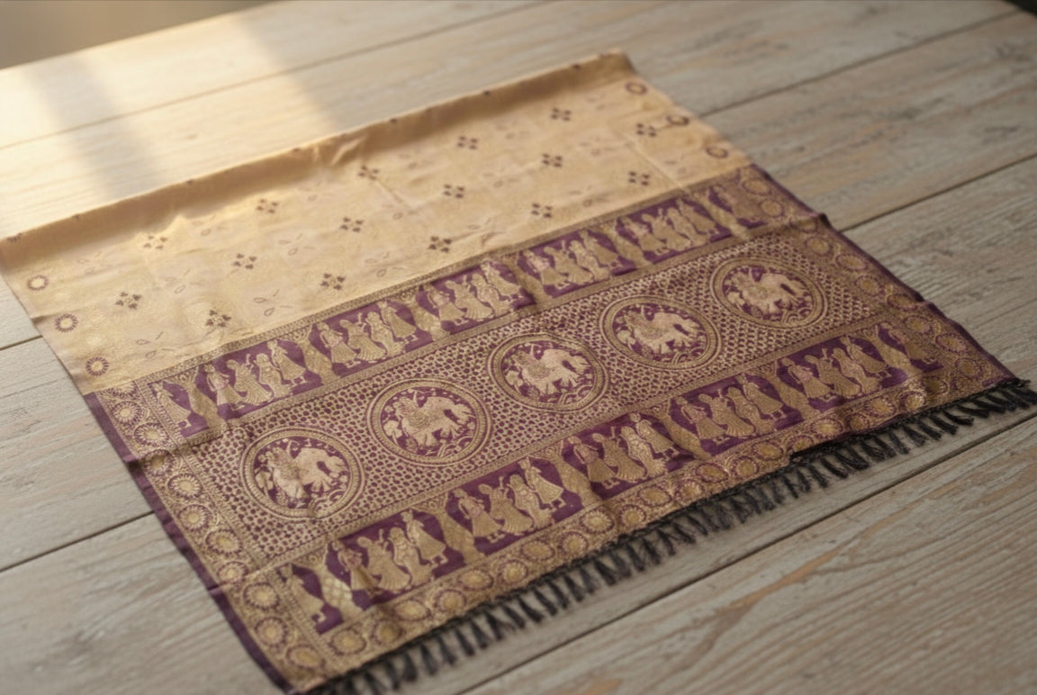 Women’s Traditional Banarasi Silk Saree | Maroon & Golden Zari Woven Saree with Traditional Peacock & Figurine Border