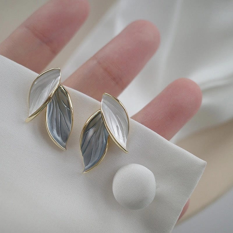 Women’s Gold Tone Leaf Design Earrings with White and Grey Pearl Effect Stones, Elegant Minimalist Statement Stud Earrings for Daily Wear