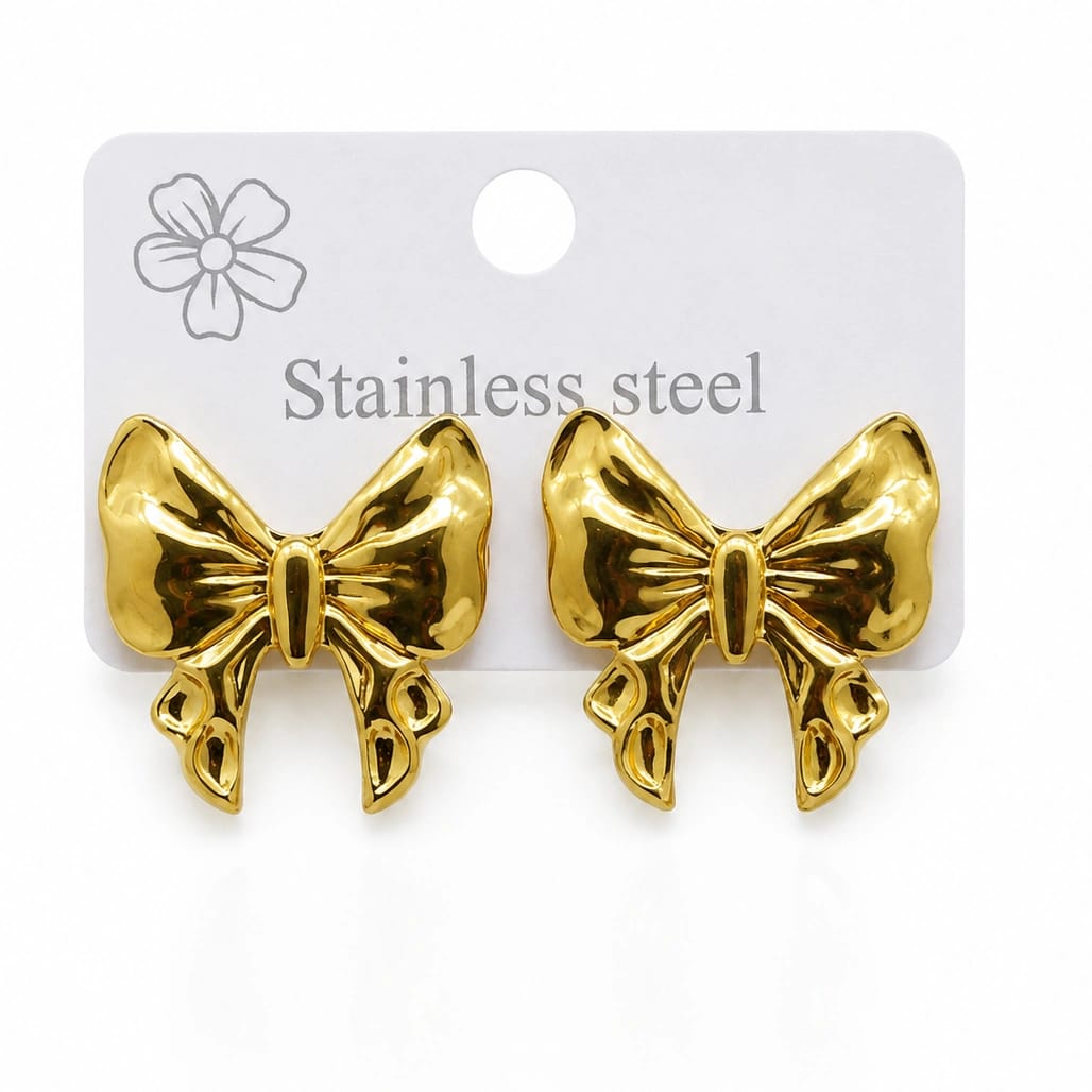 Gold Tone Bow Earrings for Women, Stainless Steel Ribbon Design Stud Earrings for Party,