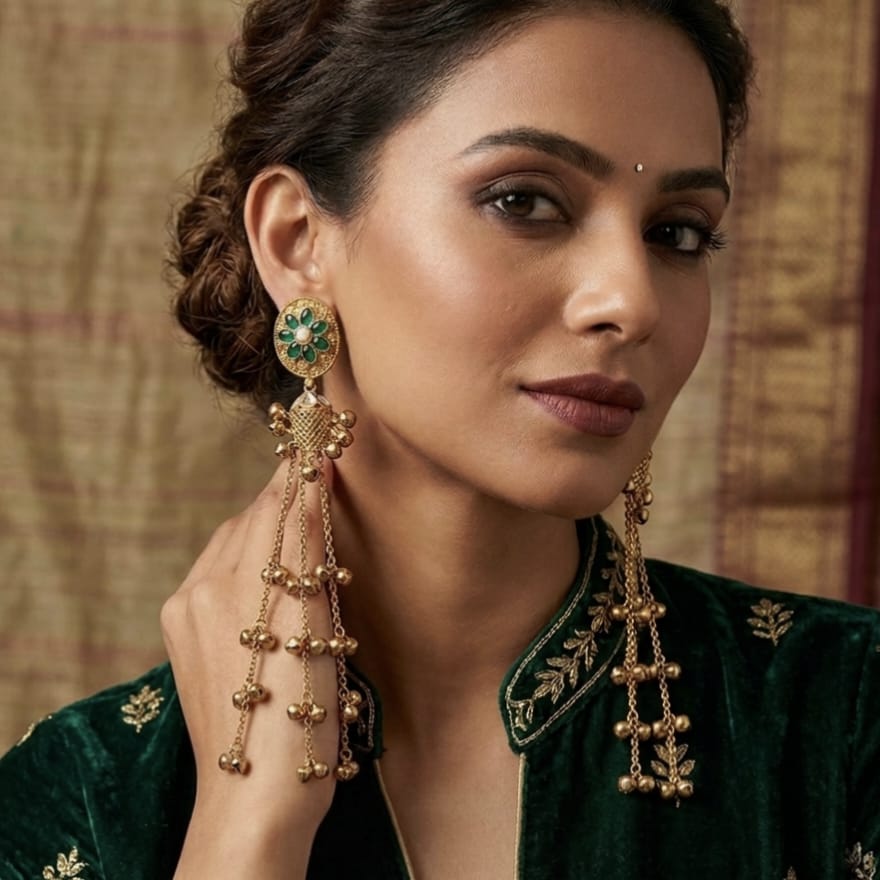 Antique Gold Tone Jhumka Earrings for Women with Mehndi Green Stones and Hanging Ghungroo Chains,