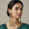 Antique Gold Tone Jhumka Earrings for Women with Mehndi Green Stones and Hanging Ghungroo Chains,