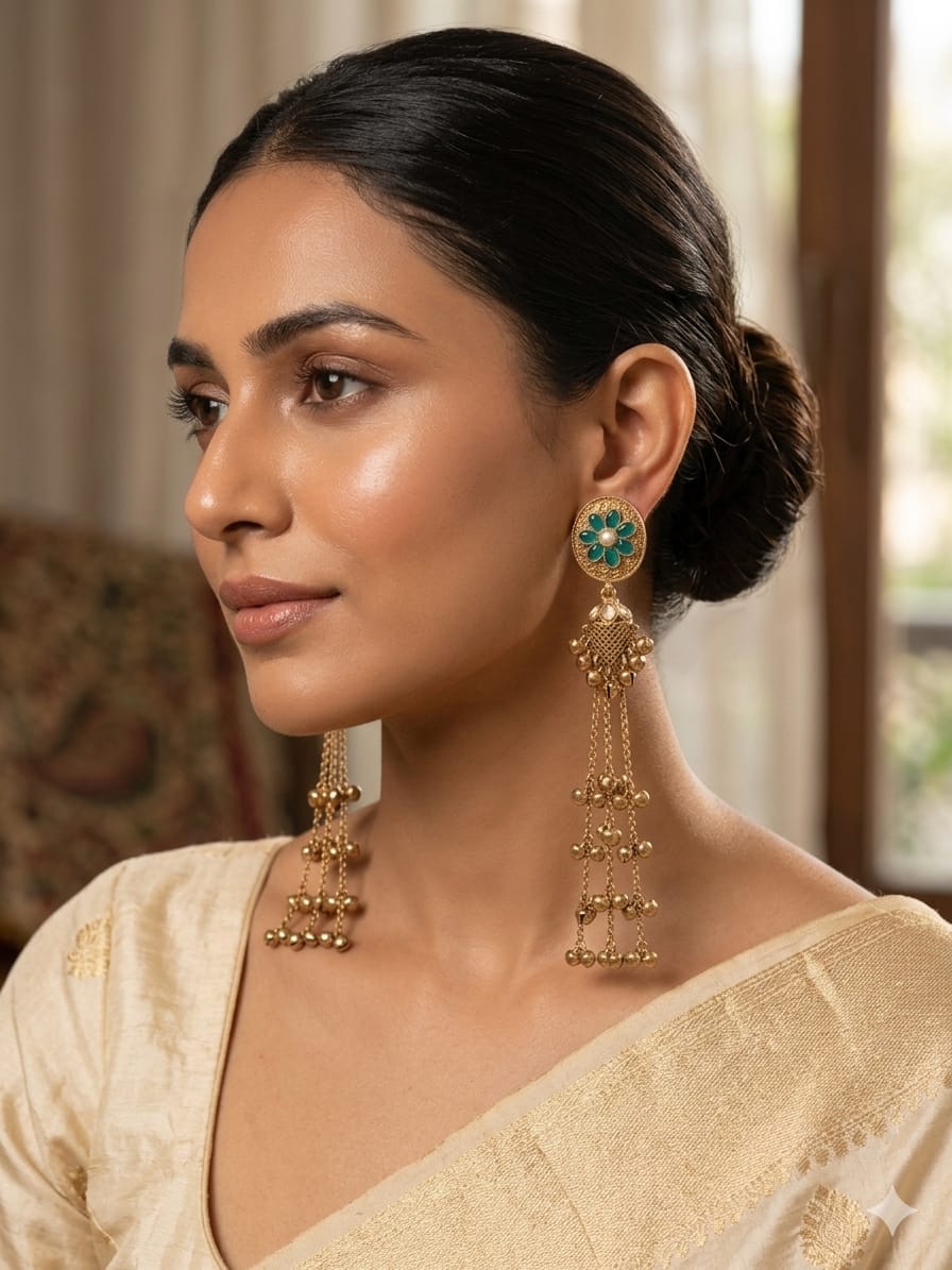 Antique Gold Tone Jhumka Earrings for Women with Mehndi Green Stones and Hanging Ghungroo Chains,