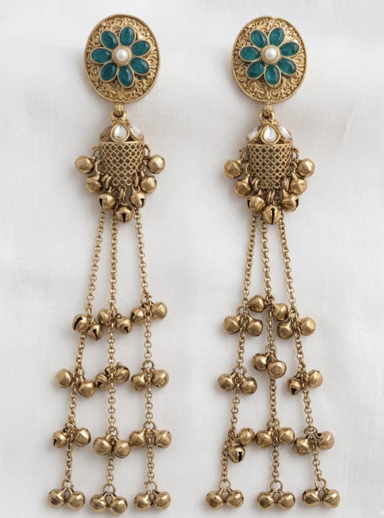 Antique Gold Tone Jhumka Earrings for Women with Mehndi Green Stones and Hanging Ghungroo Chains,