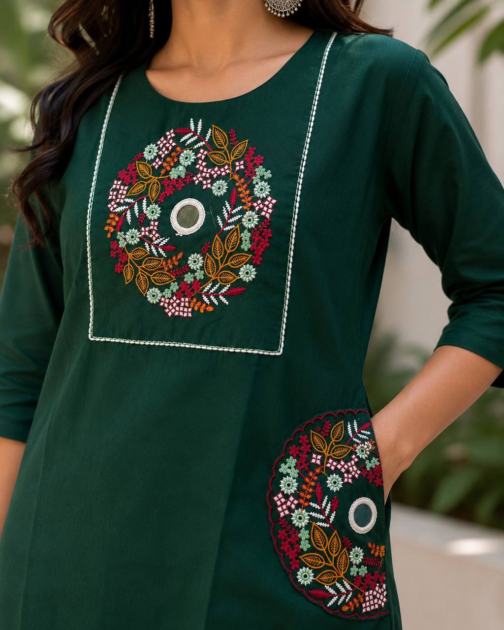 Women’s Cotton Kurta Pant Set with Floral Embroidery