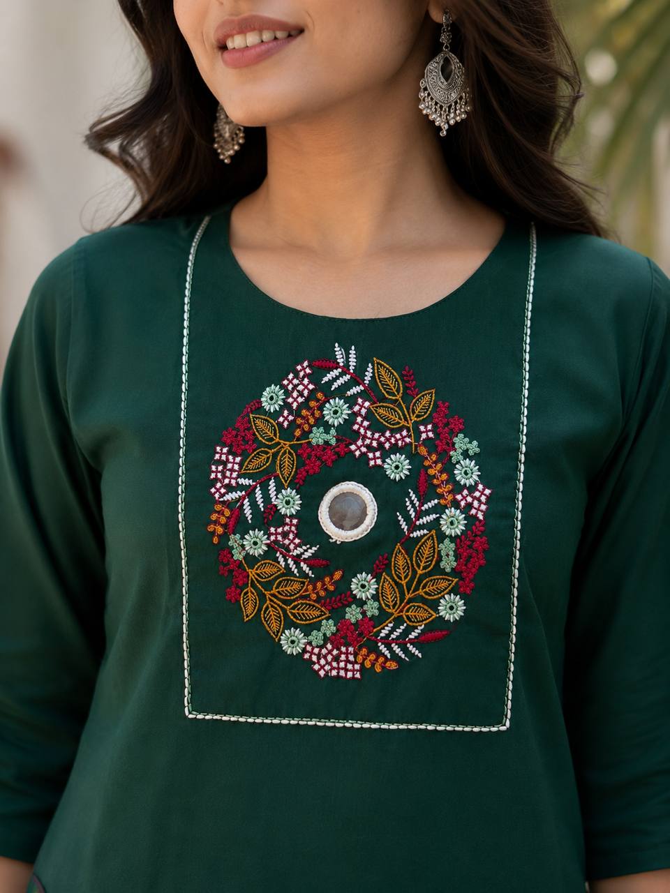 Women’s Cotton Kurta Pant Set with Floral Embroidery