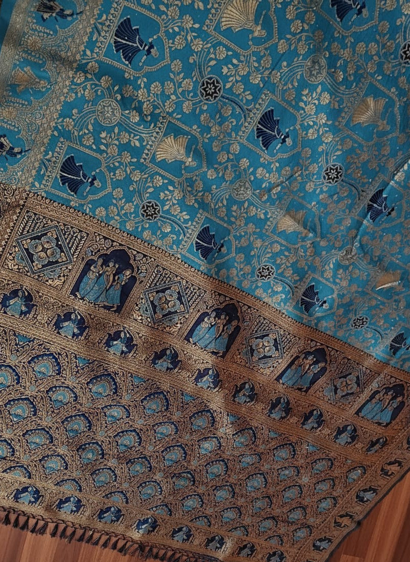 Elegant Teal Blue Banarasi Silk Saree with Gold Zari Floral Weave