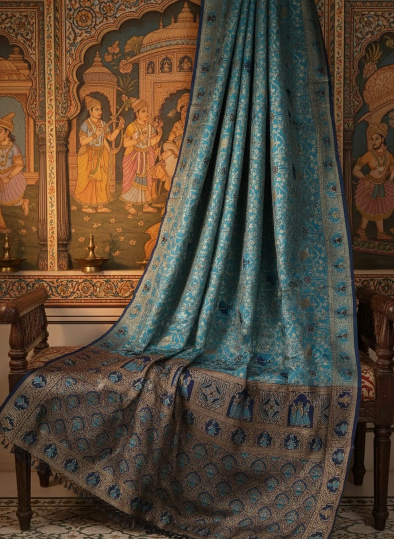 Elegant Teal Blue Banarasi Silk Saree with Gold Zari Floral Weave