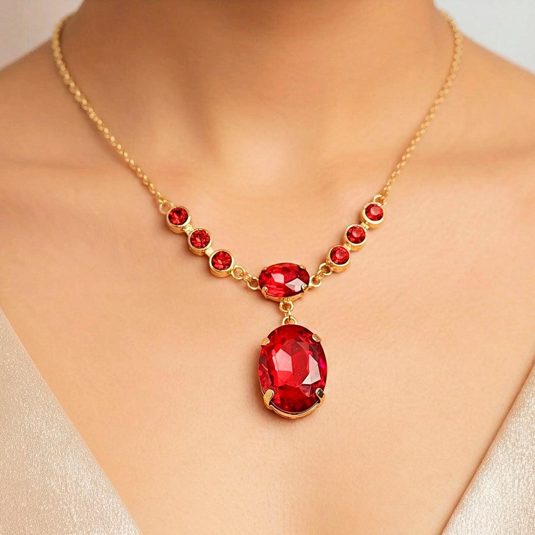 Ruby Red Crystal Pendant Necklaceand Earring Set | Gold Plated jewellery for Women