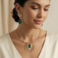 Anti-Tarnish Gold Plated Necklace and Earrings Set with Green Stones–Elegant Jewelry for Women