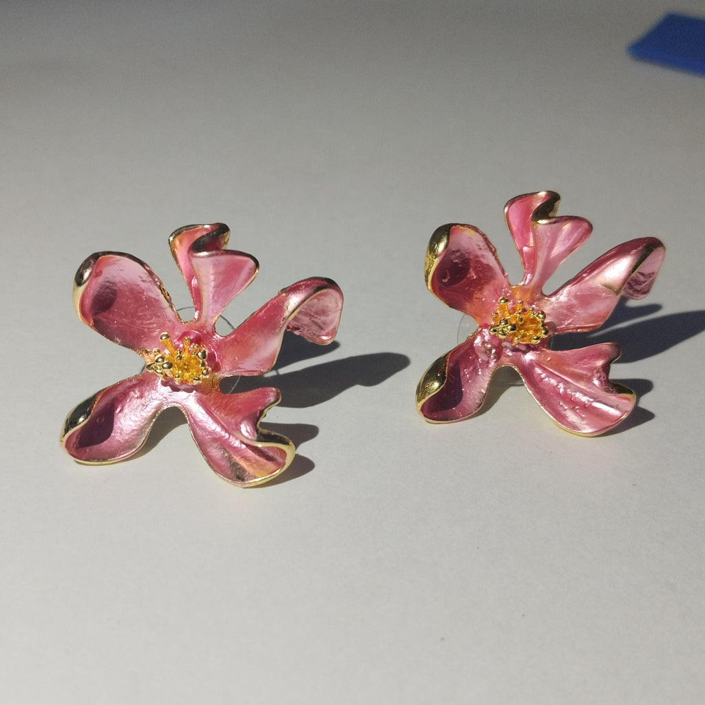 Pink Enamel Flower Stud Earrings, Gold Plated, Anti-Tarnish Jewelry