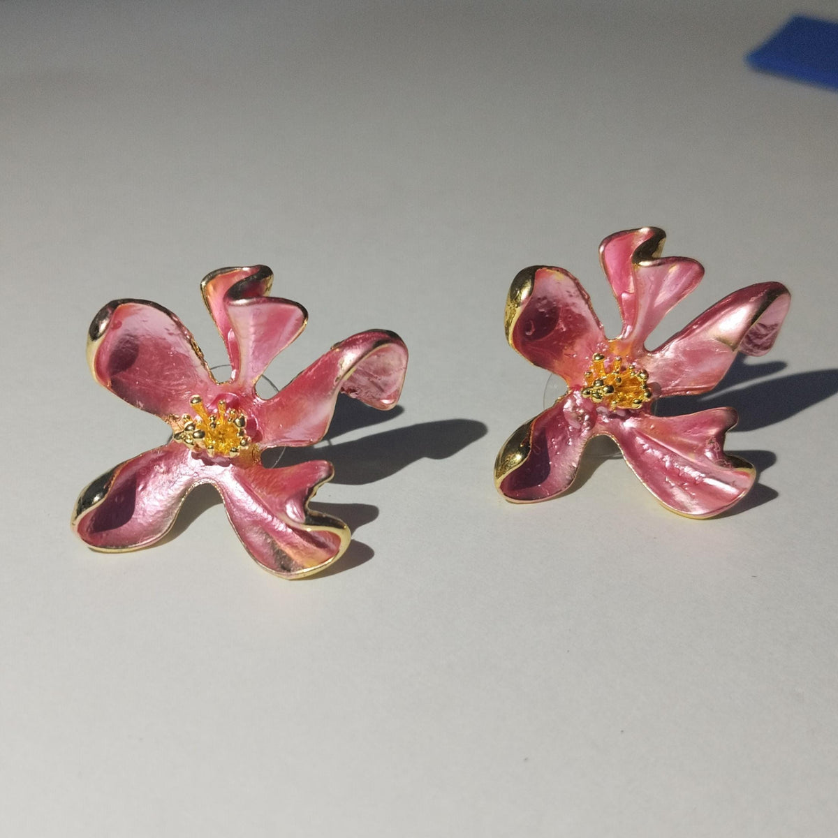 Pink Enamel Flower Stud Earrings, Gold Plated, Anti-Tarnish Jewelry