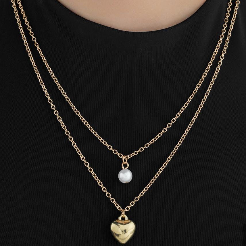 Anti Tarnish Layered Heart Pearl Necklace for Women | Gold Plated Double Layer Chain Necklace
