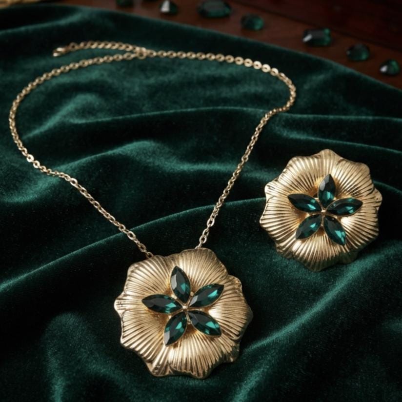 Gold Flower Necklace and Ring Set, Green Crystal Floral Jewelry, Statement Gift