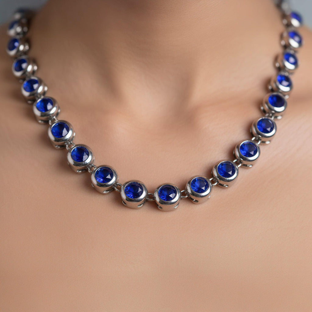 Blue Diamond Tennis Necklace and Earrings Set for women Silver-Tone Bridal Jewelry