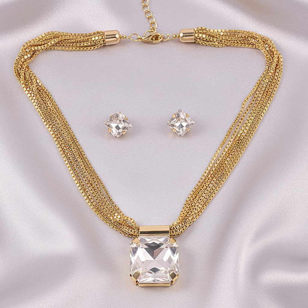 Gold Tone Multi Layered Necklace,Square CZ Pendant, Anti Tarnish Jewellery for women