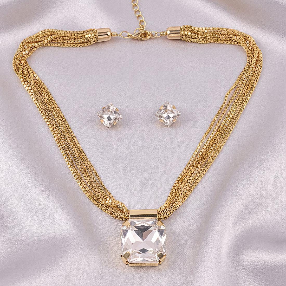Gold Tone Multi Layered Necklace,Square CZ Pendant, Anti Tarnish Jewellery for women