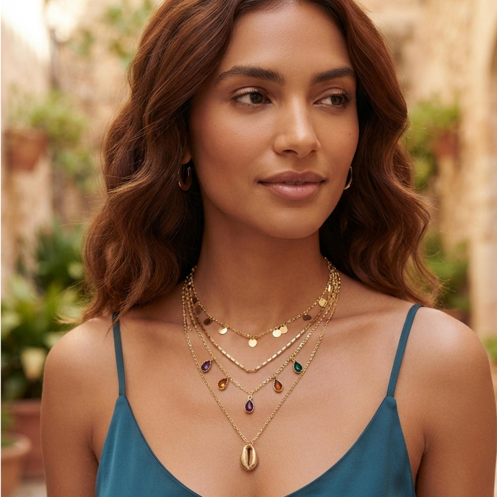 Gold Layered Necklace Stainless Steel Multicolor Crystal,Dainty Everyday Jewelry,Gift for Her
