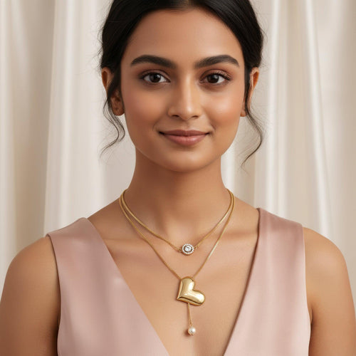 Anti tarnishne Heart Pendant Necklace with Pearl Drop| Minimalist Layered jewellery for women