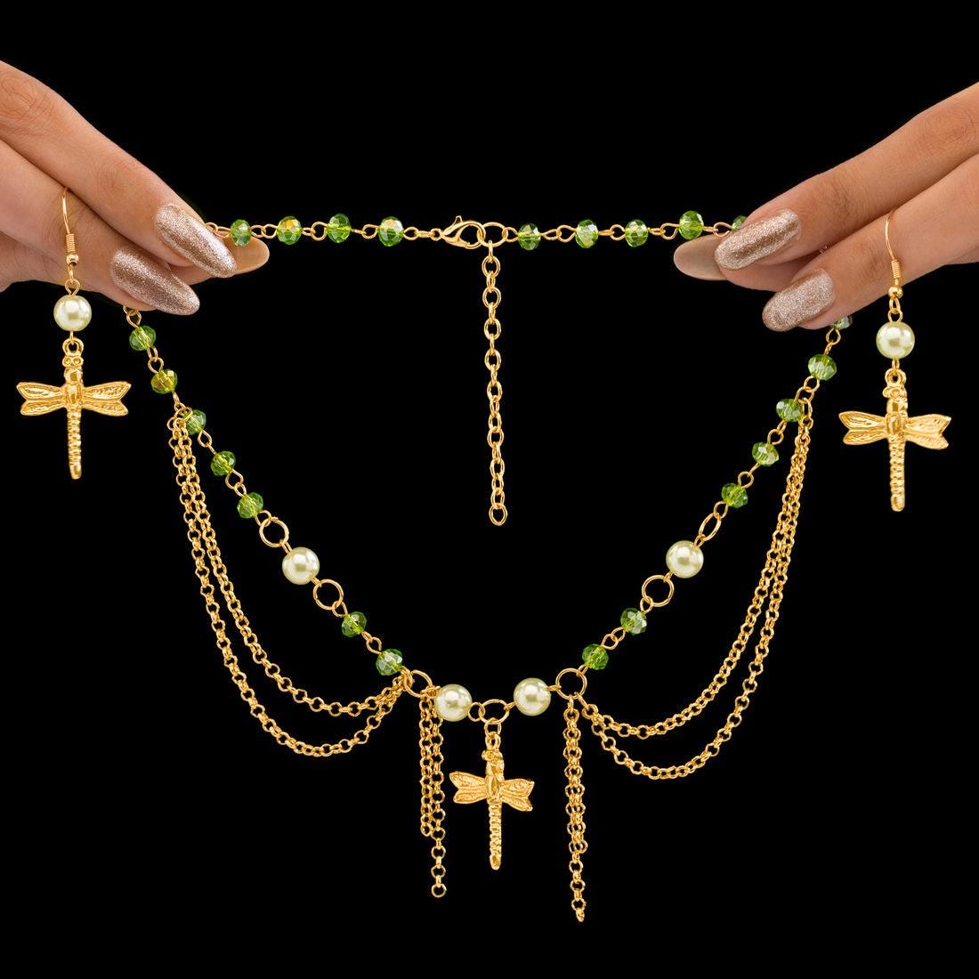 Dragonfly Chain Necklace Set for women|Layered Green Pearl Jewelry