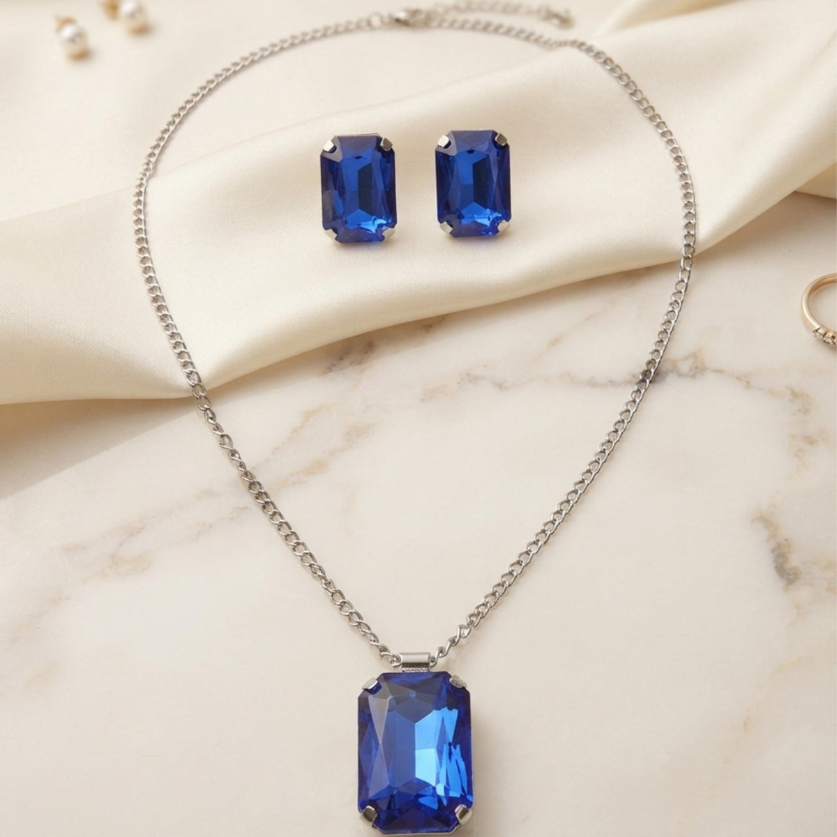 Royal Blue Sapphire  Necklace & Earrings Set for Women | Elegant Party Wear Jewelery
