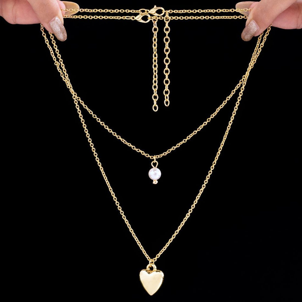 Anti Tarnish Layered Heart Pearl Necklace for Women | Gold Plated Double Layer Chain Necklace
