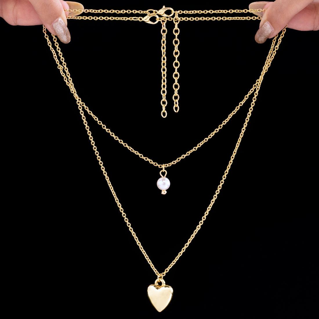 Anti Tarnish Layered Heart Pearl Necklace for Women | Gold Plated Double Layer Chain Necklace