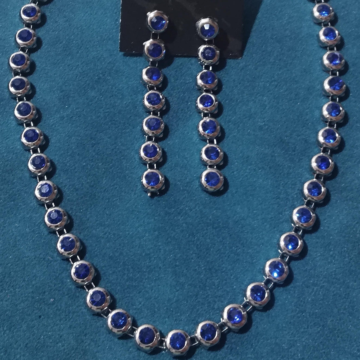 Blue Diamond Tennis Necklace and Earrings Set for women Silver-Tone Bridal Jewelry