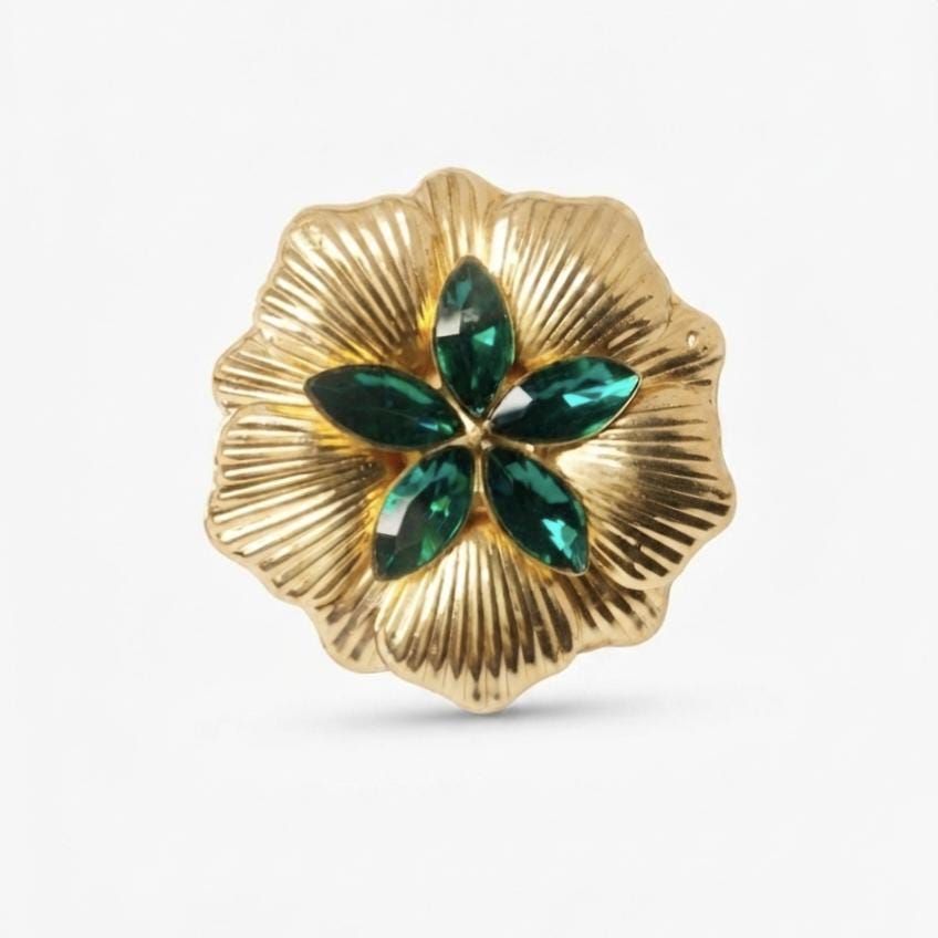 Gold Flower Necklace and Ring Set, Green Crystal Floral Jewelry, Statement Gift