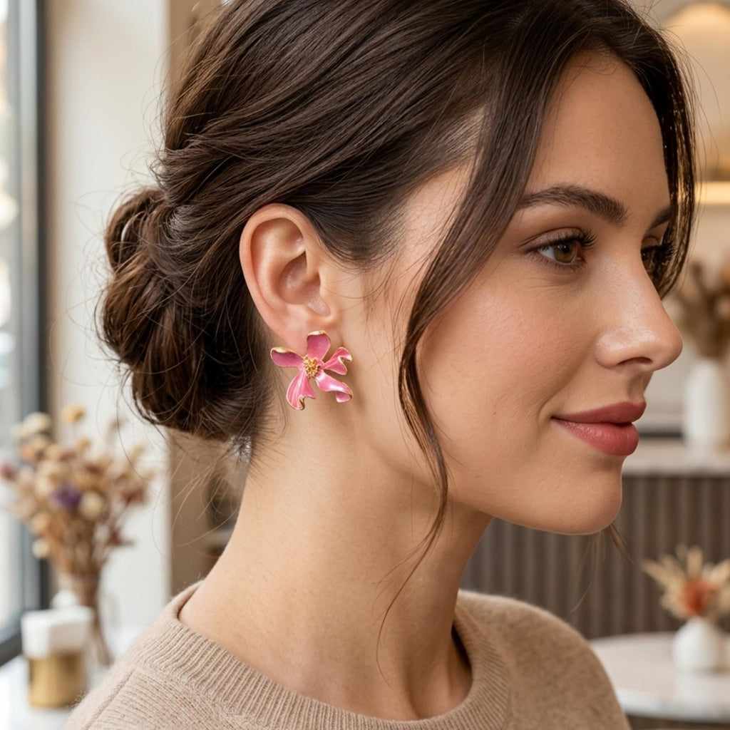 Pink Enamel Flower Stud Earrings, Gold Plated, Anti-Tarnish Jewelry