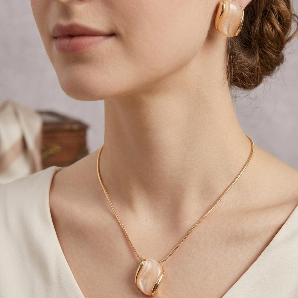 Gold Plated Pink Stone Necklace and Earrings Set | Minimalist Jewelry for Women