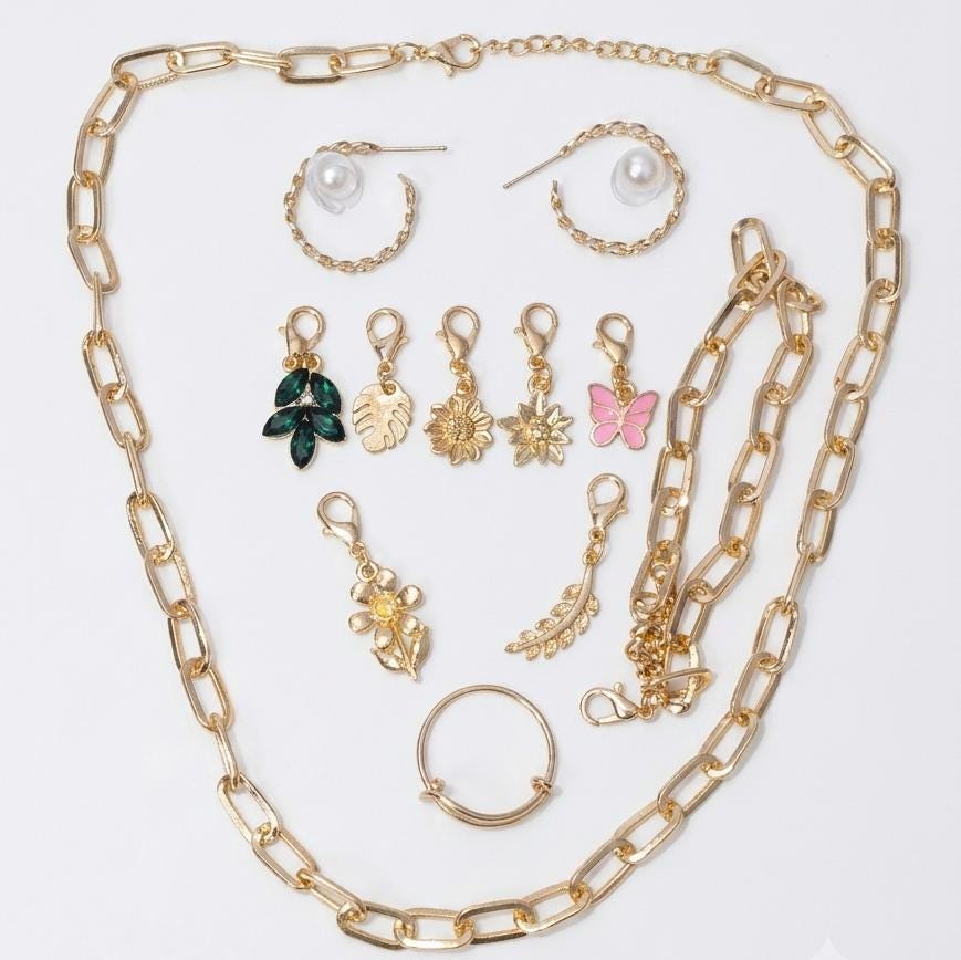 Gold Charm combo Jewelry Set | Paperclip Chain Necklace, Bracelet,Earrings,Ring Combo