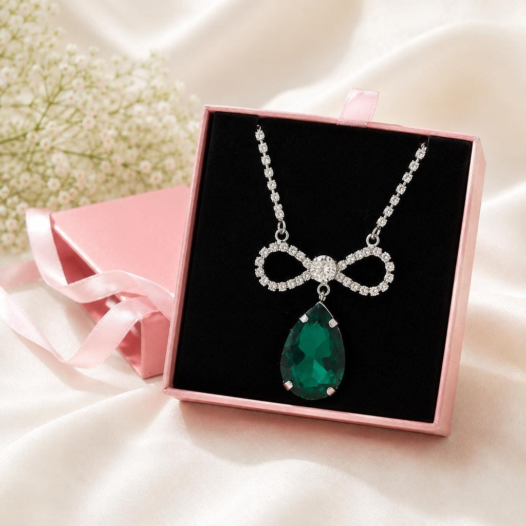 Pear Drop Bow Pendant Necklace | Anti Tarnish Silver-Tone CZ Crystal Necklace
