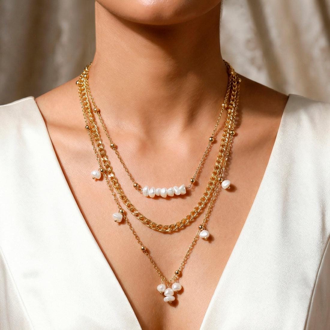 Layered Pearl Chain Necklace | Gold Plated Korean Style Statement Jewellery