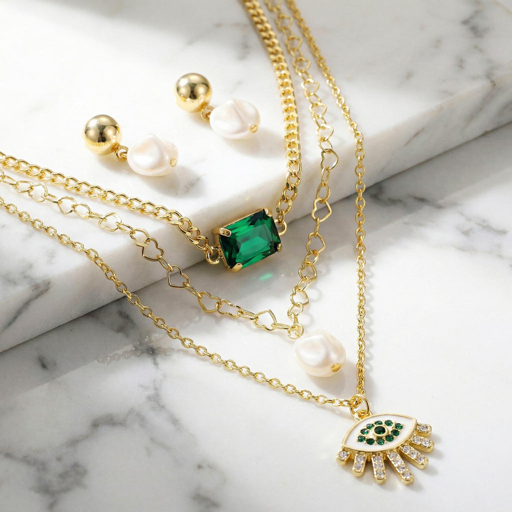 Gold Plated Layered Necklace Set with Earrings for women