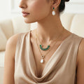 Layered Green Crystal Necklace Set with Baroque Pearl Earrings | Gold Plated Anti-Tarnish Jewelry