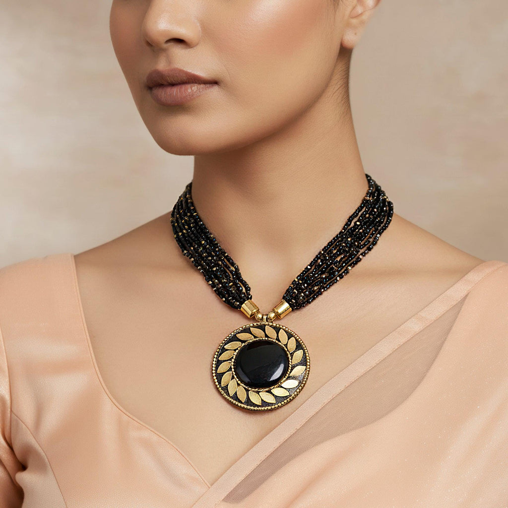 Black Beaded Layered Pendant Necklace for Women,Gift for her