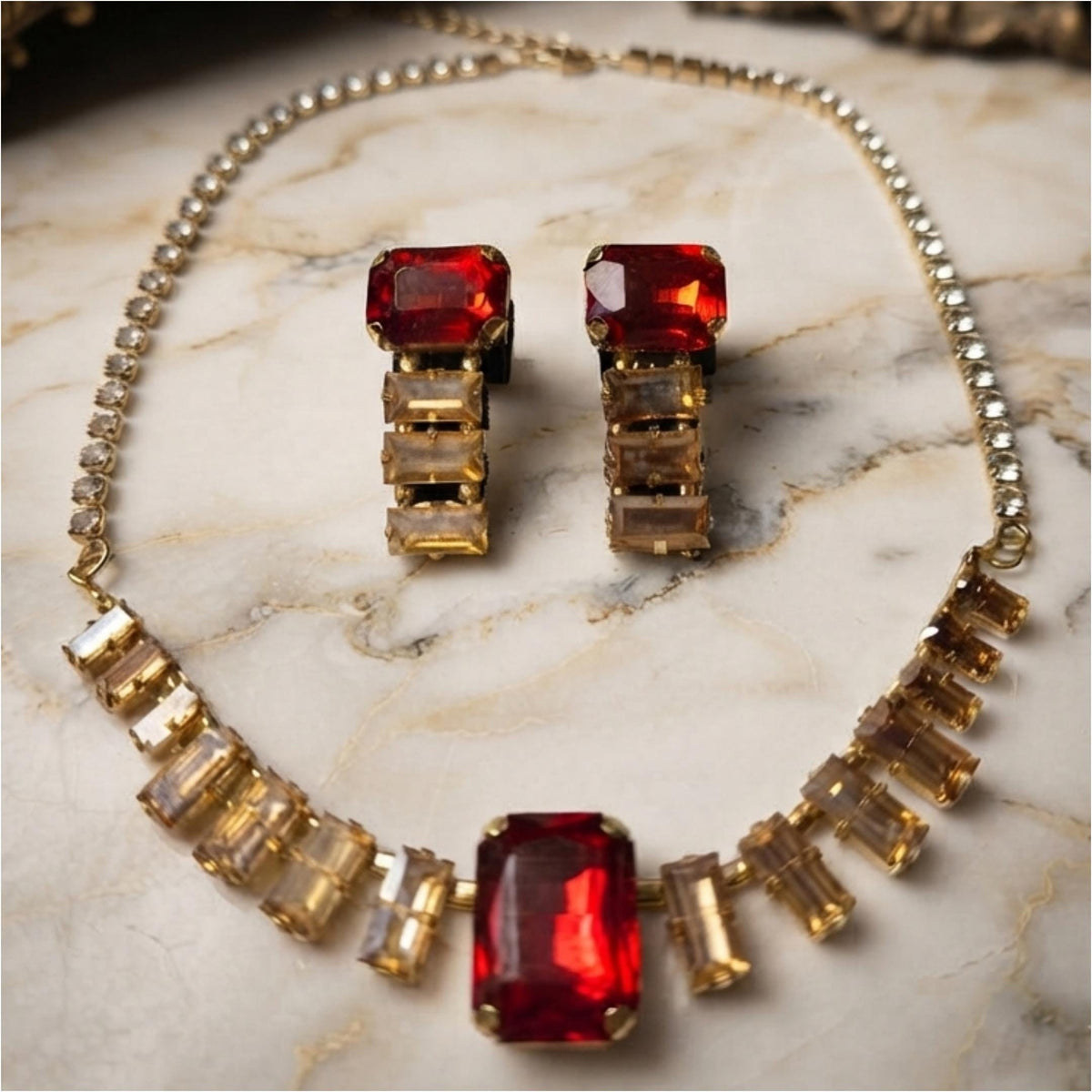 Anti Tarnish Ruby Red Statement Necklace Earrings Set For women