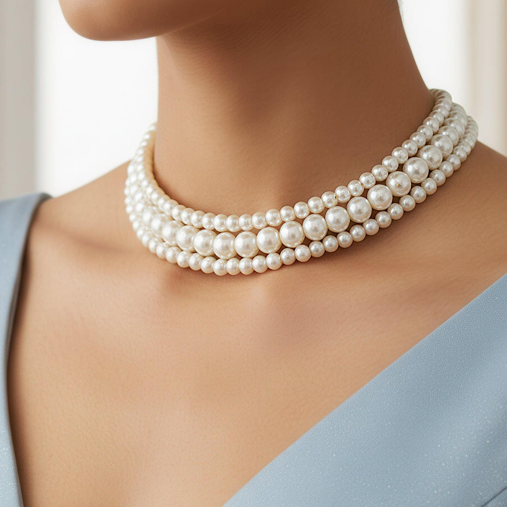 Multi Layer Pearl Choker Necklace, Vintage Bridal Statement Jewelry, Wedding Accessory