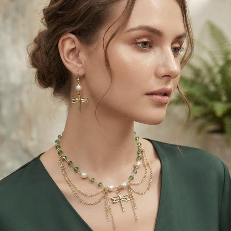 Dragonfly Chain Necklace Set for women|Layered Green Pearl Jewelry