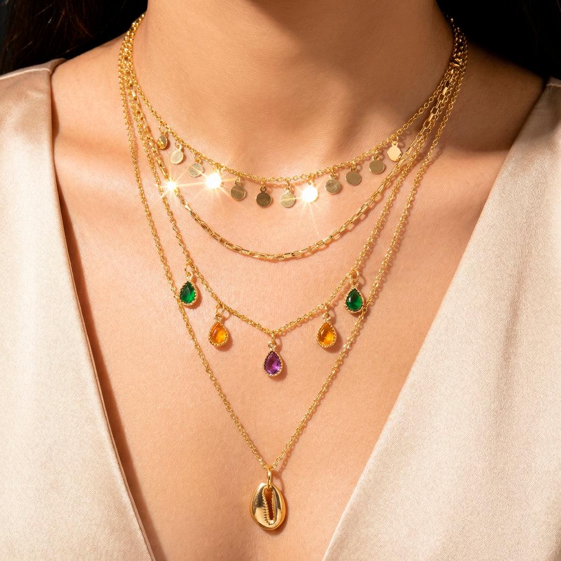 Gold Layered Necklace Stainless Steel Multicolor Crystal,Dainty Everyday Jewelry,Gift for Her