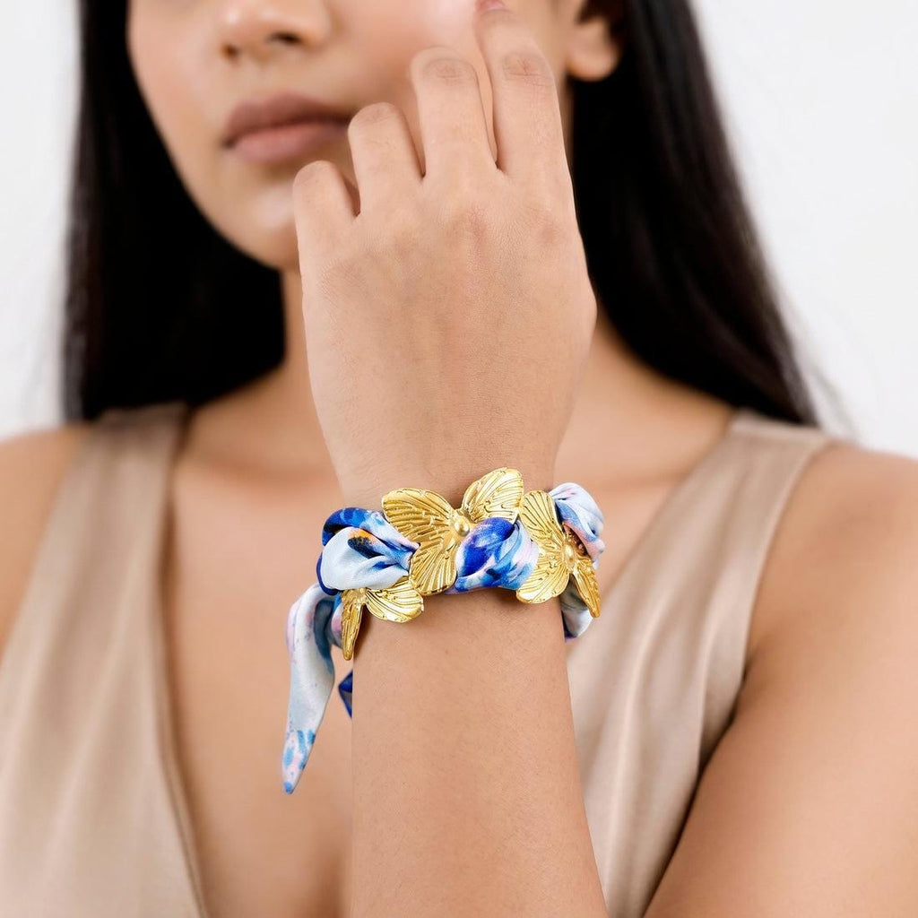 Gold Butterfly Scarf Bracelet, Silk-Style Band,Adjustable Jewelry,Minimalist Gift for Her
