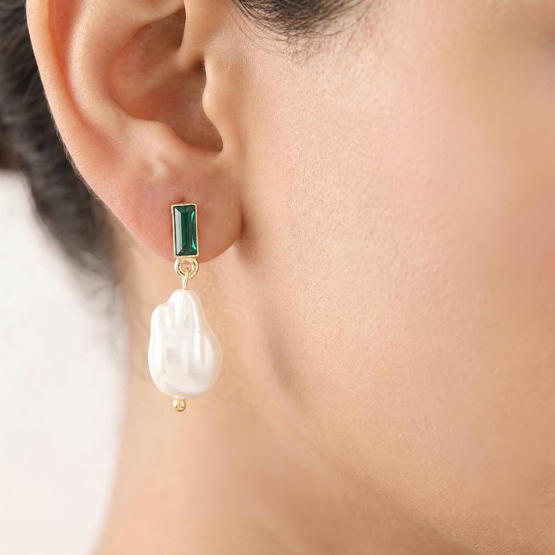 Layered Green Crystal Necklace Set with Baroque Pearl Earrings | Gold Plated Anti-Tarnish Jewelry